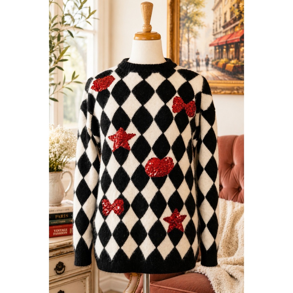 Harlequin Angora Wool Sweater Sequin Hearts Stars Black White Vintage Medium